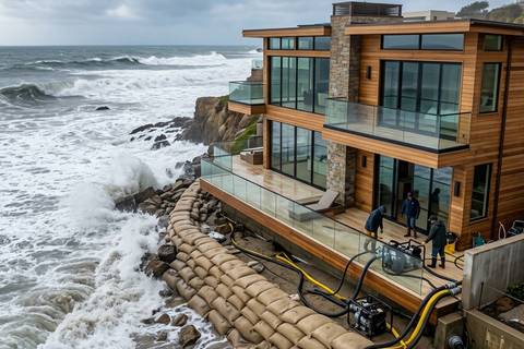 An oceanfront home protected by sandbags with hoses and pumps staged on the deck as surf runs high