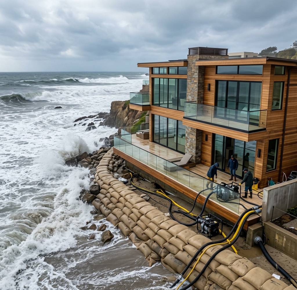 An oceanfront home protected by sandbags with hoses and pumps staged on the deck as surf runs high