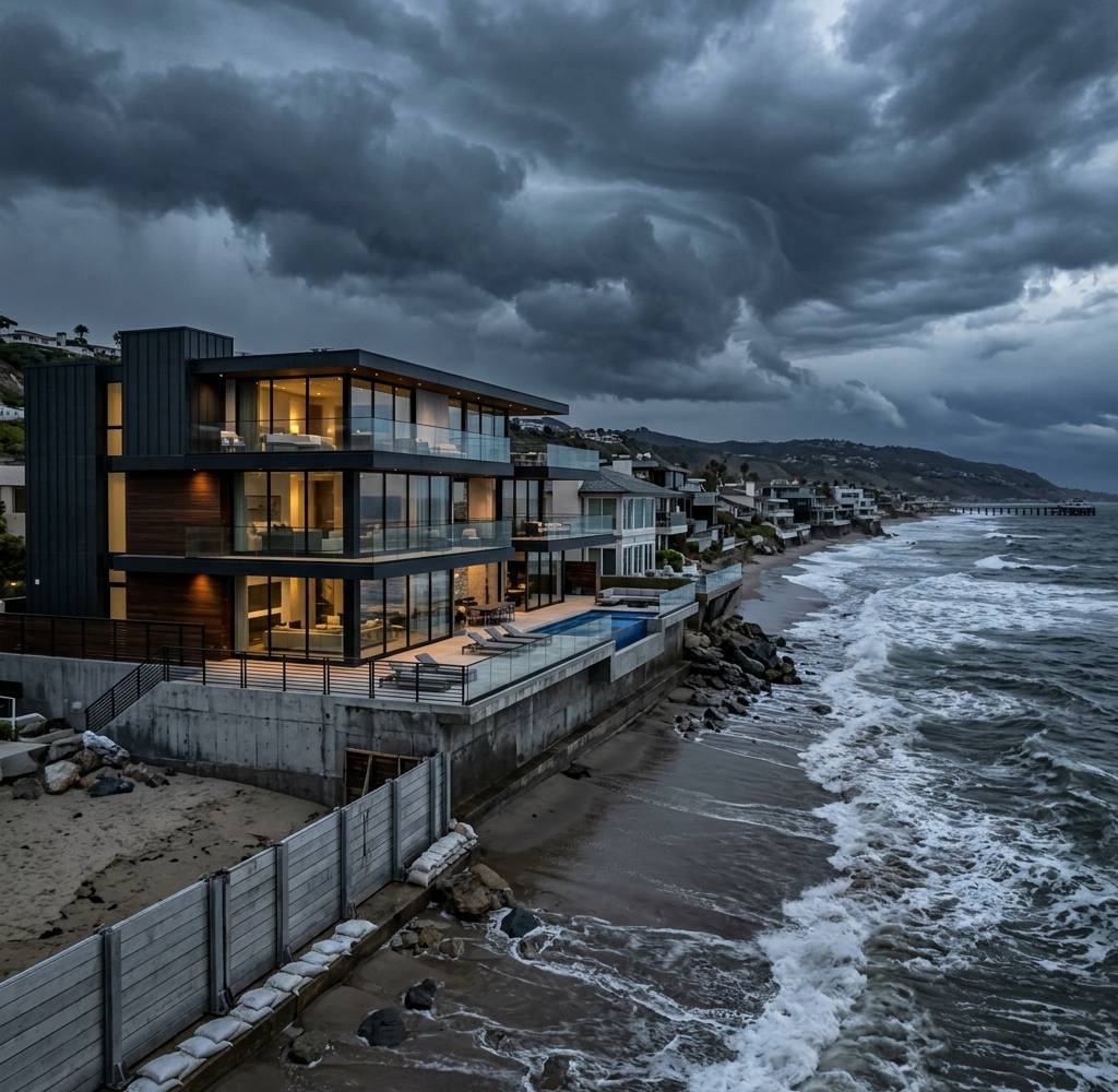 A beachfront home on the sand behind a seawall at Carbon Beach as the tide runs high