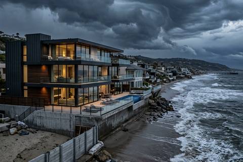 A beachfront home on the sand behind a seawall at Carbon Beach as the tide runs high