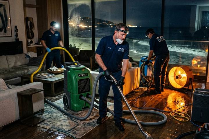 Technicians with headlamps extracting water from a wet hardwood floor at night in an oceanfront living room