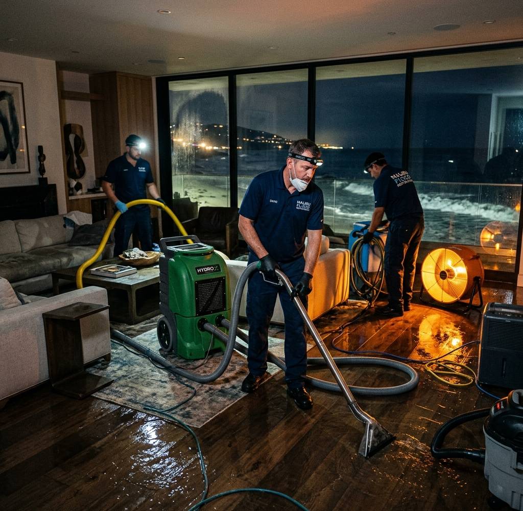 Technicians with headlamps extracting water from a wet hardwood floor at night in an oceanfront living room
