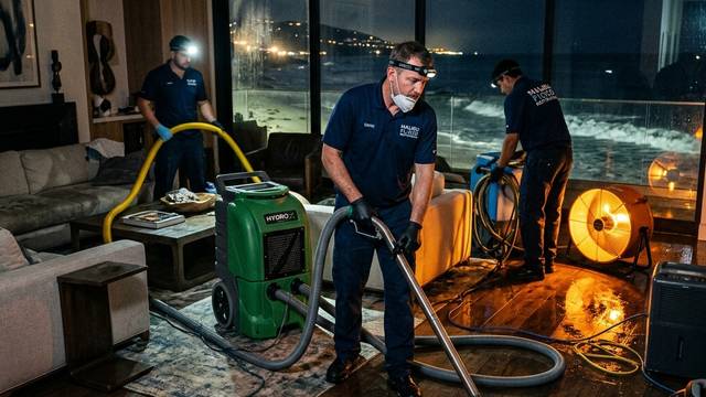 Technicians with headlamps extracting water from a wet hardwood floor at night in an oceanfront living room