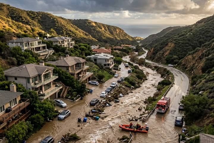 A hillside street flooded with muddy water and debris, with homes, cars and rescue crews