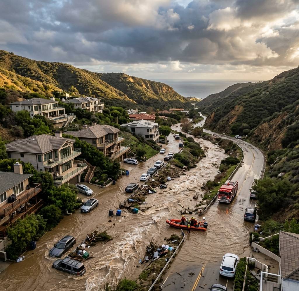 A hillside street flooded with muddy water and debris, with homes, cars and rescue crews