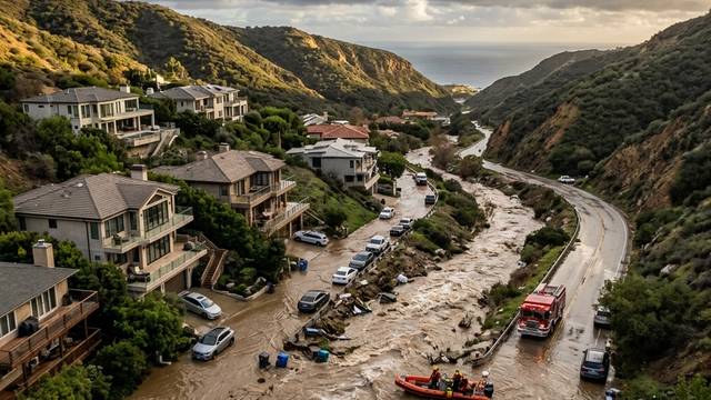A hillside street flooded with muddy water and debris, with homes, cars and rescue crews