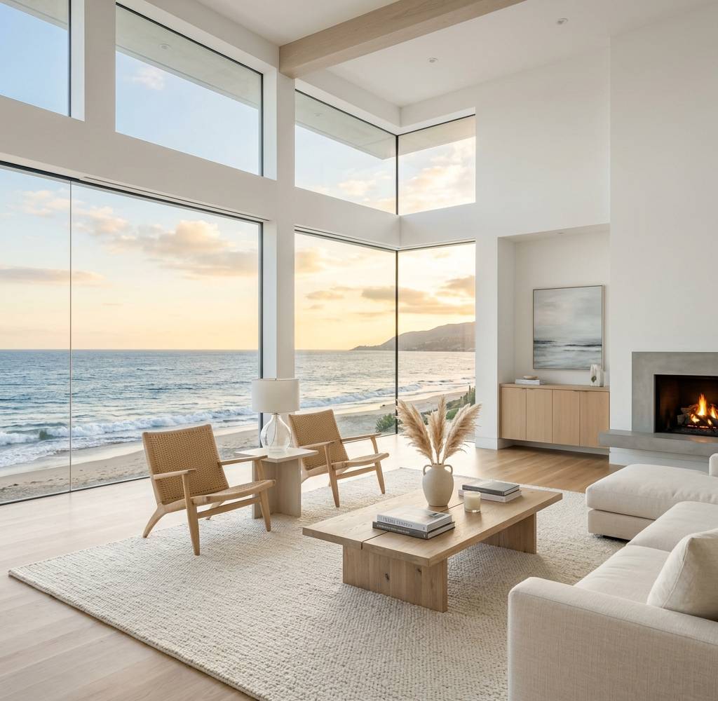 Coastal living room with floor-to-ceiling windows looking out to the Pacific at sunset