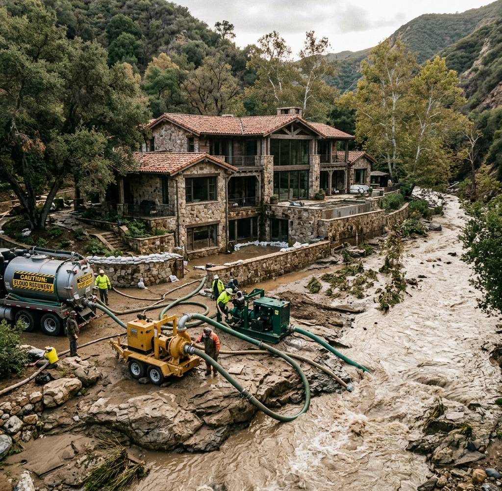 A canyon home beside a fast muddy creek with pumps and hoses moving floodwater