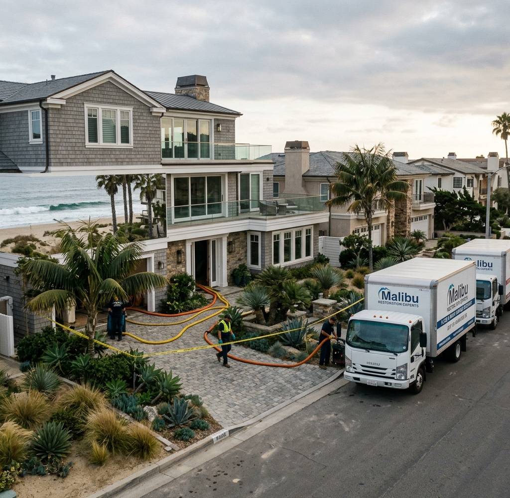 Beachfront homes along Malibu Colony with hoses and flood barriers staged on the frontage road