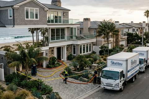 Beachfront homes along Malibu Colony with hoses and flood barriers staged on the frontage road