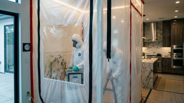 A sealed plastic containment tent set up indoors with a technician in a protective suit working inside