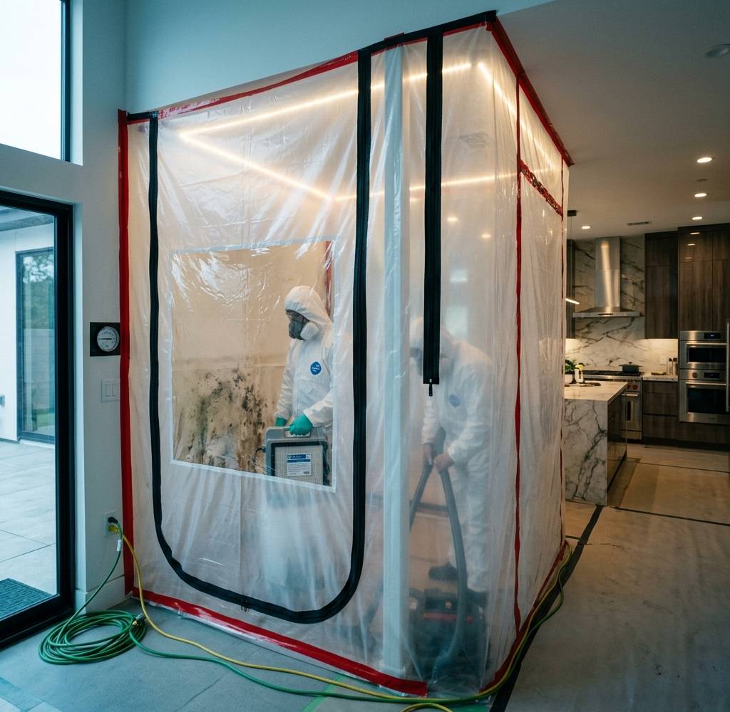 A sealed plastic containment tent set up indoors with a technician in a protective suit working inside