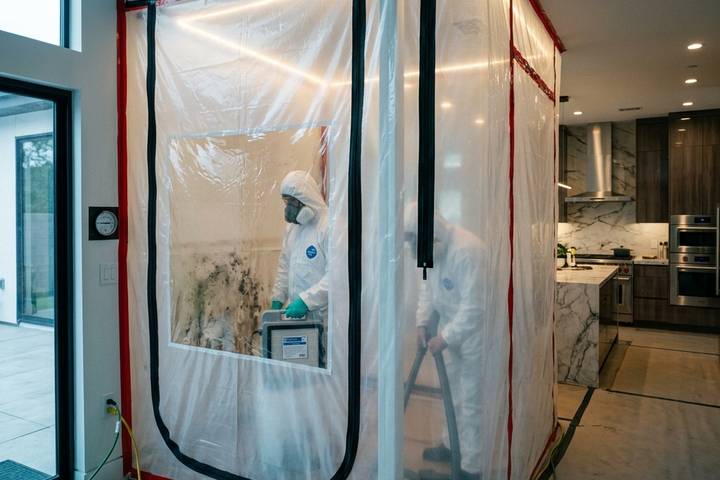 A sealed plastic containment tent set up indoors with a technician in a protective suit working inside