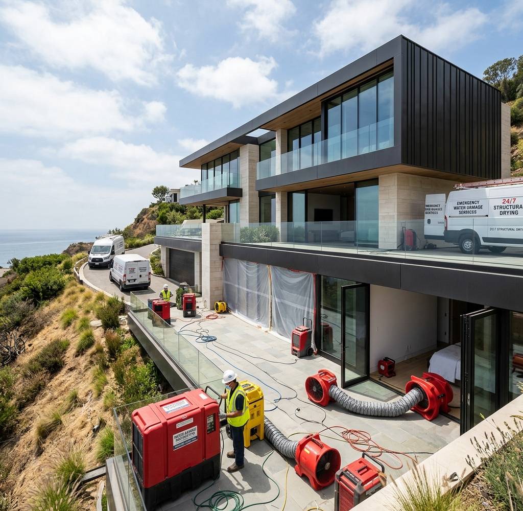 A hillside home above the coast with air movers and drying equipment set up on the patio