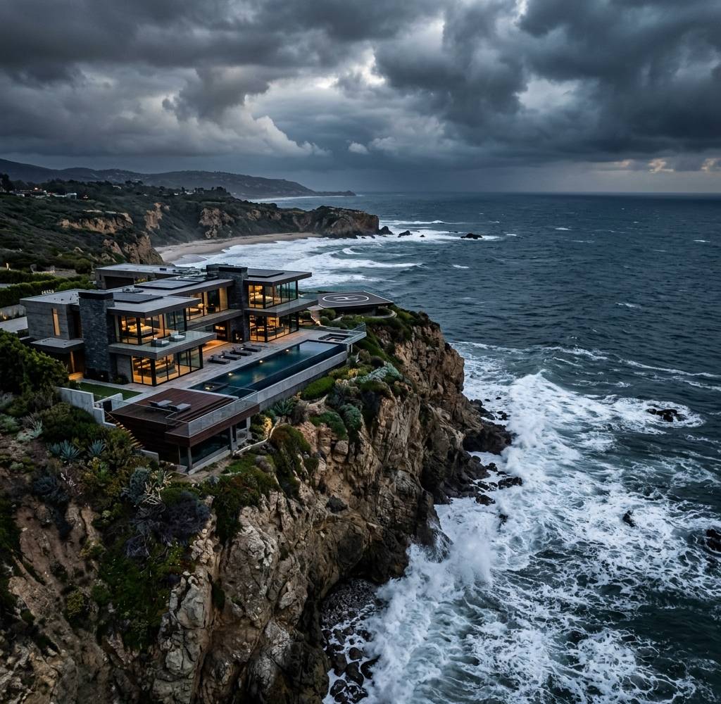 A bluff-top home above the ocean at Point Dume under heavy storm clouds