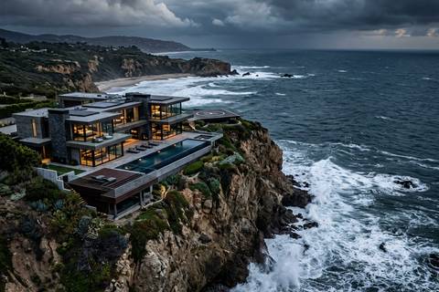 A bluff-top home above the ocean at Point Dume under heavy storm clouds