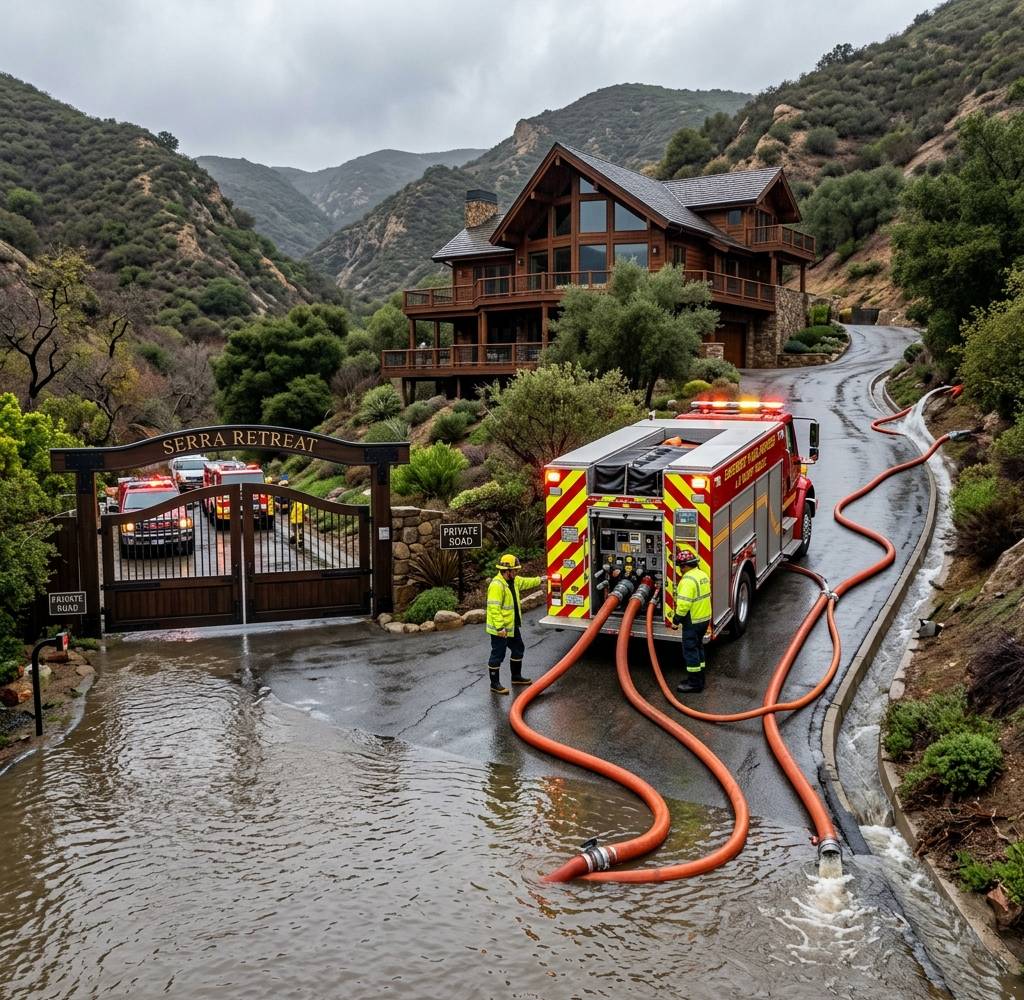 The gated entrance to Serra Retreat with a flooded driveway and pumping hoses