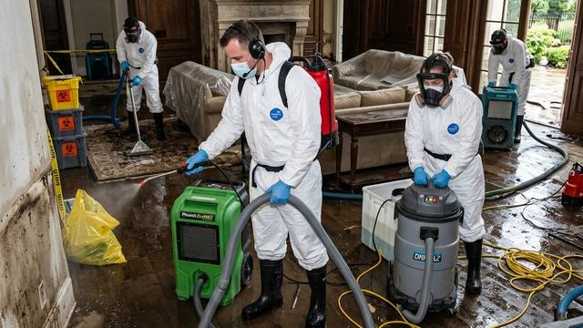 Workers in protective suits and respirators cleaning a flooded wood-panelled room with extractors and biohazard bags