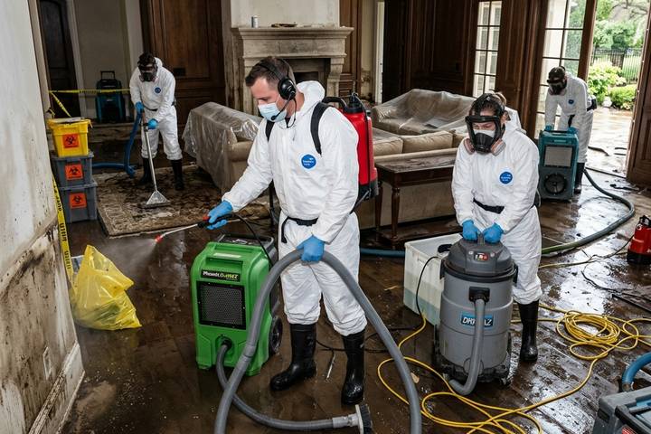 Workers in protective suits and respirators cleaning a flooded wood-panelled room with extractors and biohazard bags