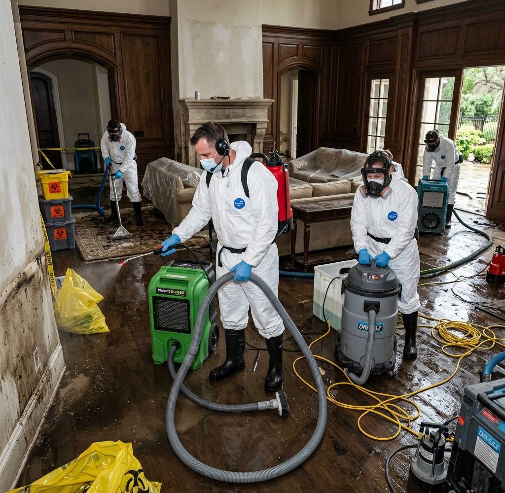Workers in protective suits and respirators cleaning a flooded wood-panelled room with extractors and biohazard bags
