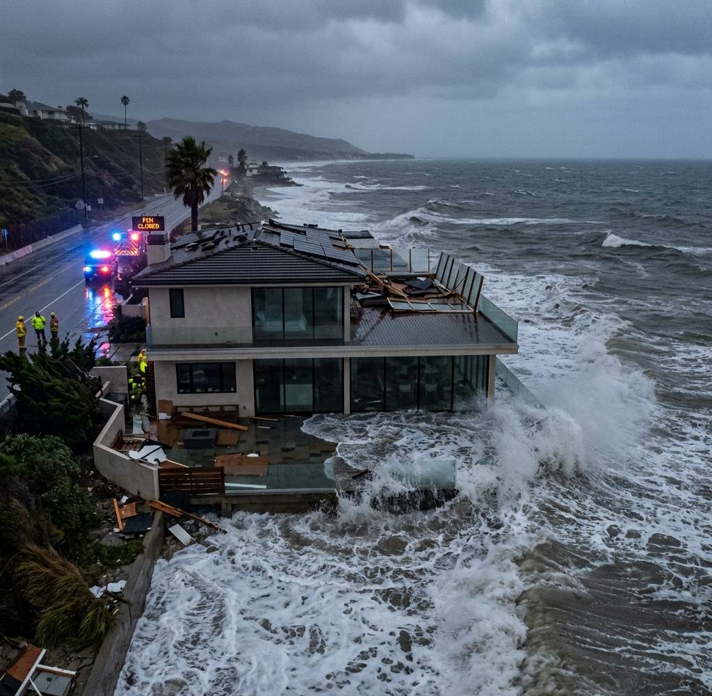 A coastal home with a damaged roof and scattered debris as storm waves hit the structure