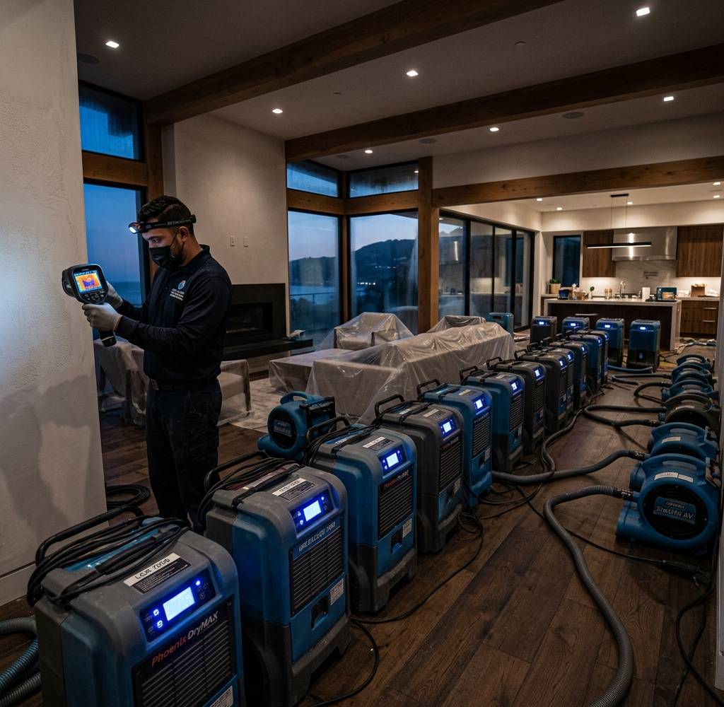 A long row of dehumidifiers and air movers on a wood floor while a technician reads a moisture meter