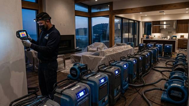 A long row of dehumidifiers and air movers on a wood floor while a technician reads a moisture meter