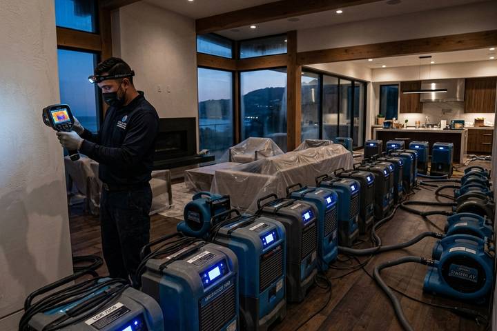 A long row of dehumidifiers and air movers on a wood floor while a technician reads a moisture meter