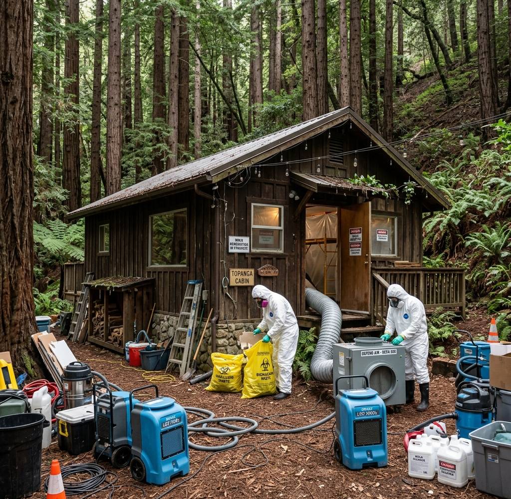 A rustic cabin among tall redwood trees with dehumidifiers and drying equipment set up outside