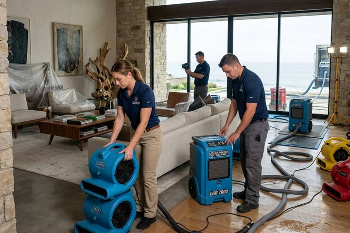 Technicians setting up air movers and a dehumidifier on a wet wood floor in a large living room