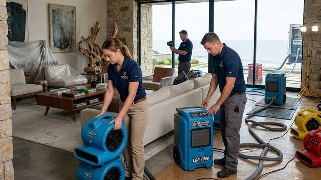 Technicians setting up air movers and a dehumidifier on a wet wood floor in a large living room