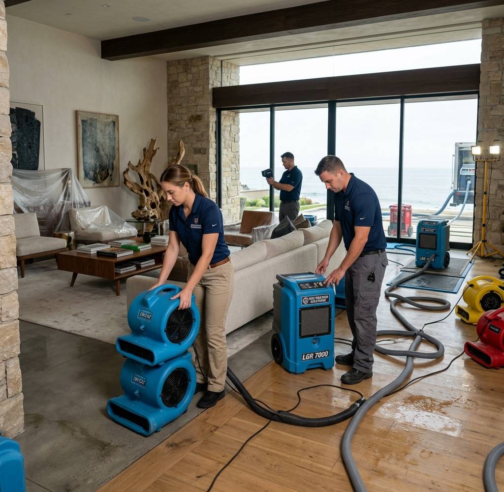 Technicians setting up air movers and a dehumidifier on a wet wood floor in a large living room